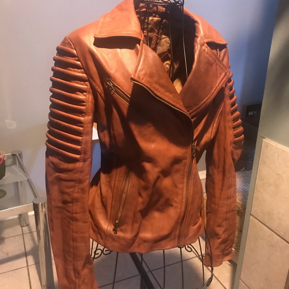 Brown leather moto jacket